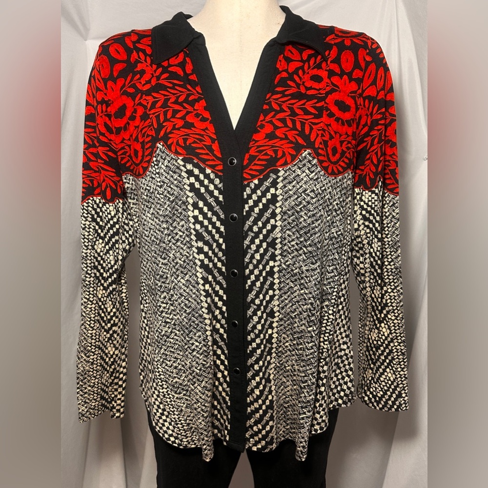 Soft Surroundings Red and Gray Print Button Down Shirt PM